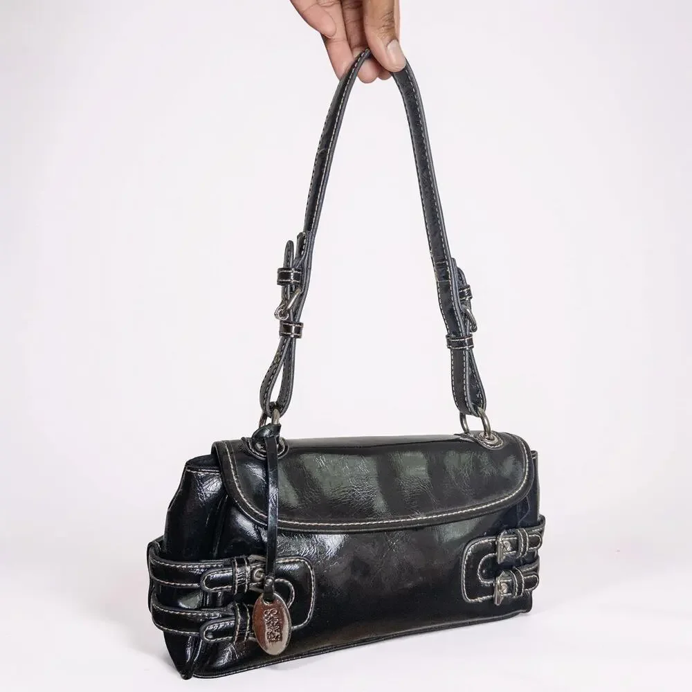Y2K Franco Sarto Black Patent Leather Buckle Shoulder Bag